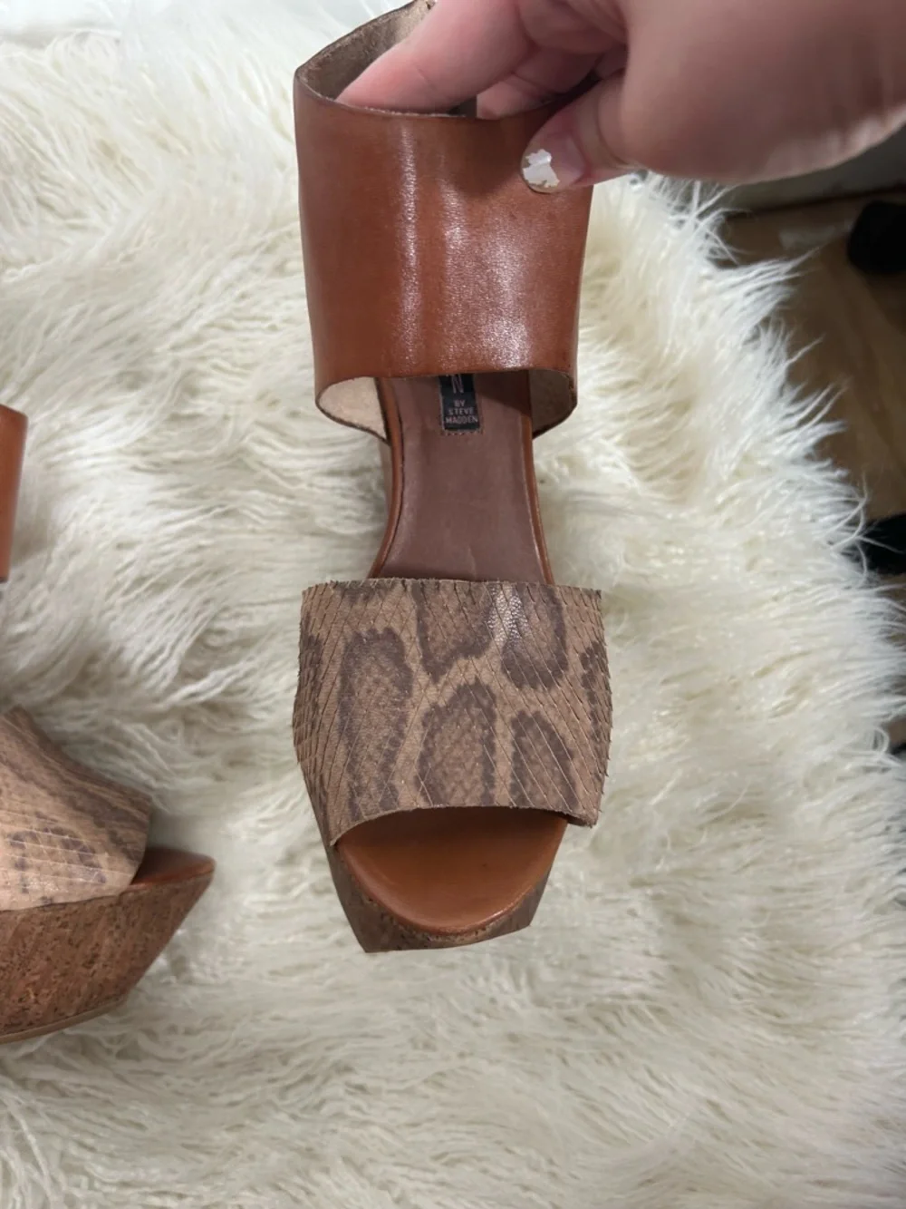 Steven by Steve Madden Bammba Snakeskin and Leather‎ Cork Platform Wedge Sandals